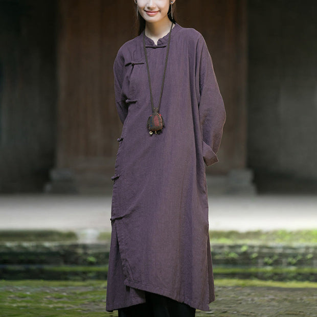 Buddha Stones Solid Color Frog-Button Long Sleeve Ramie Linen Cotton Midi Dress With Pockets Midi Dress BS 22