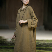 Buddha Stones Solid Color Frog-Button Long Sleeve Ramie Linen Cotton Midi Dress With Pockets Midi Dress BS 11