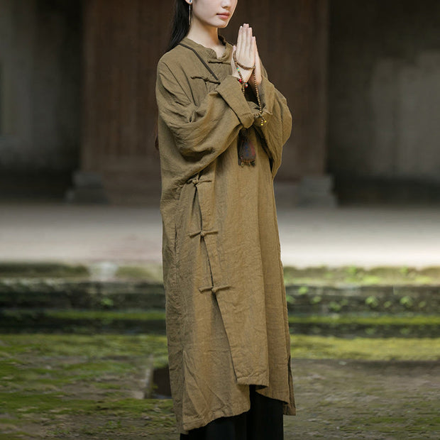 Buddha Stones Solid Color Frog-Button Long Sleeve Ramie Linen Cotton Midi Dress With Pockets Midi Dress BS 8