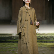 Buddha Stones Solid Color Frog-Button Long Sleeve Ramie Linen Cotton Midi Dress With Pockets Midi Dress BS 6