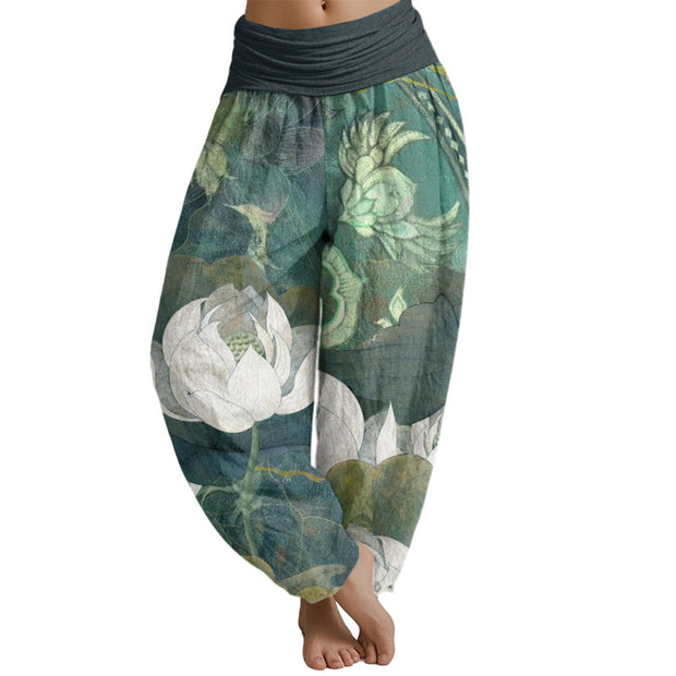 Buddha Stones White Lotus Leaves Pattern Casual Women's Elastic Waist Harem Pants