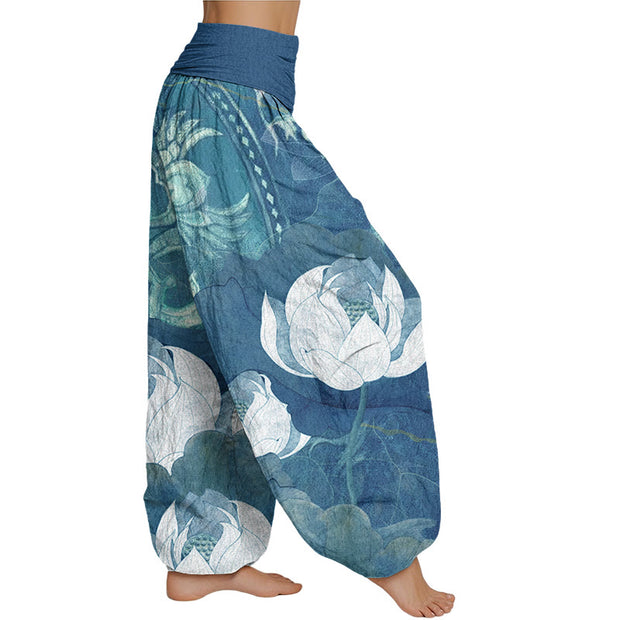 Buddha Stones White Lotus Leaves Pattern Casual Women's Elastic Waist Harem Pants