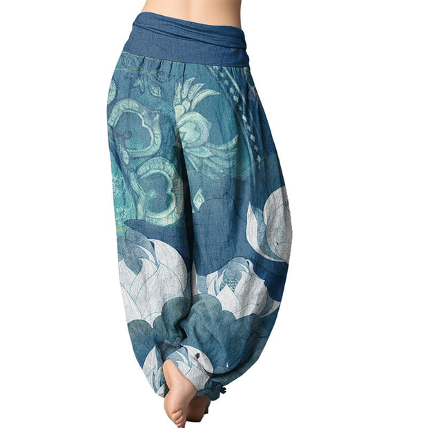 Buddha Stones White Lotus Leaves Pattern Casual Women's Elastic Waist Harem Pants