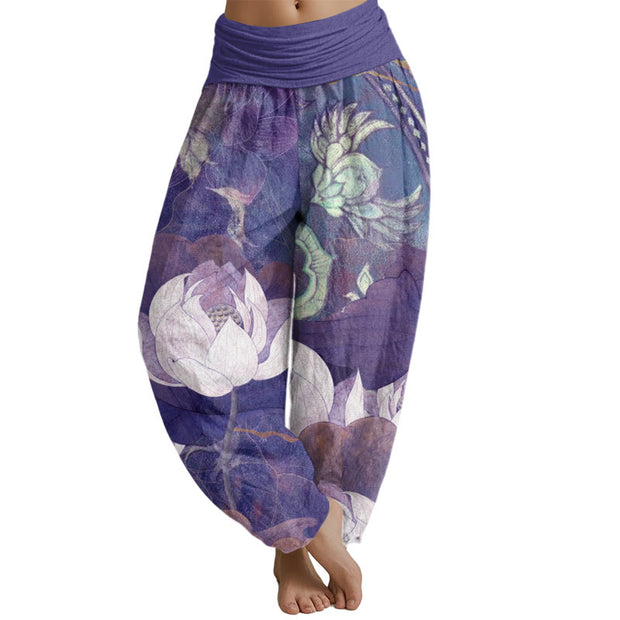 Buddha Stones White Lotus Leaves Pattern Casual Women's Elastic Waist Harem Pants