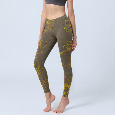 Buddha Stones Yellowish Brown Lotus Flower Lotus Leaf Print Gym Leggings Women's Yoga Pants - DarkGoldenrod - US18，UK/AU22，EU50 (4XL) - image 1