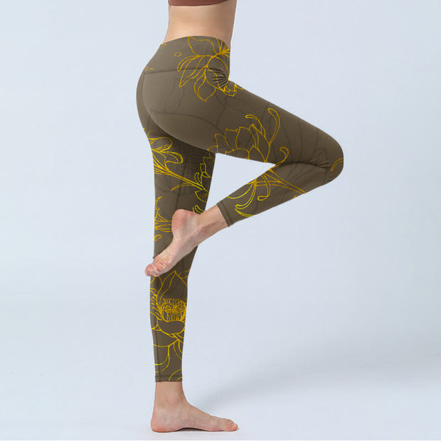 Buddha Stones Yellowish Brown Lotus Flower Lotus Leaf Print Gym Leggings Women's Yoga Pants - image 4