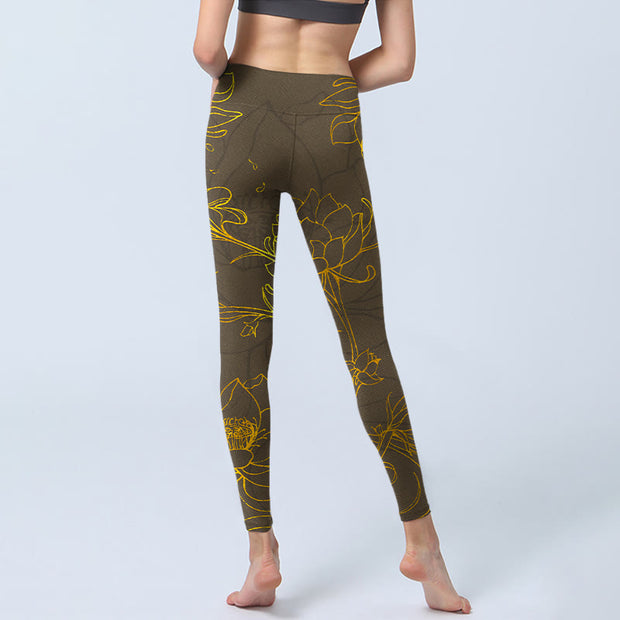 Buddha Stones Yellowish Brown Lotus Flower Lotus Leaf Print Gym Leggings Women's Yoga Pants