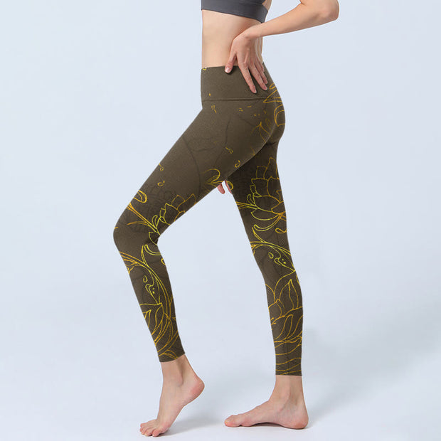 Buddha Stones Yellowish Brown Lotus Flower Lotus Leaf Print Gym Leggings Women's Yoga Pants