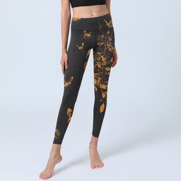 Buddha Stones Dark Grey Butterflies Peony Flowers Print Gym Leggings Women's Yoga Pants - image 6
