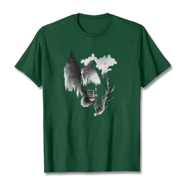 Buddha Stones Pavilion Tree Geese Around The Mountains Pattern Tee T-shirt