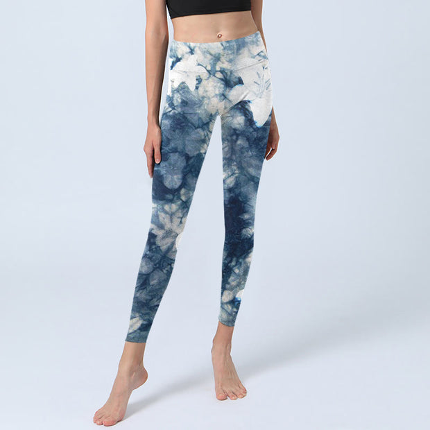 Buddha Stones Blue Lily Flowers Watercolor Texture Print Gym Leggings Women's Yoga Pants