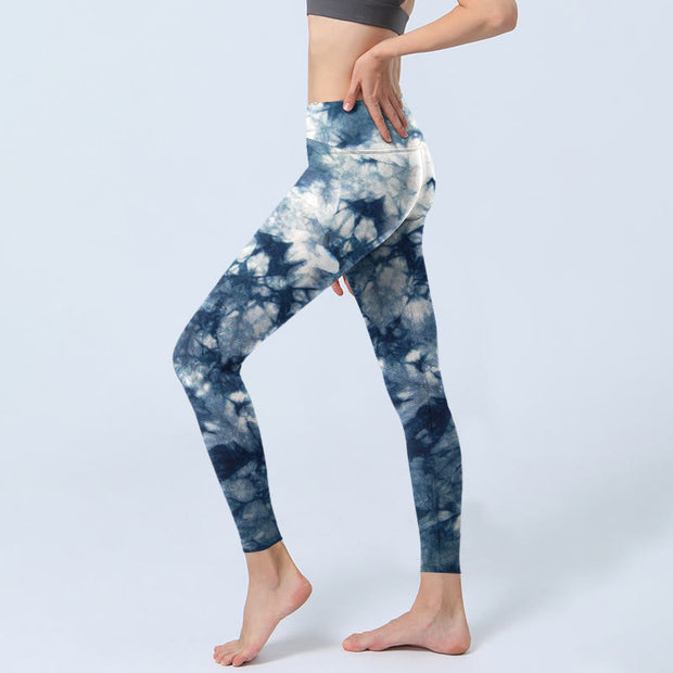 Buddha Stones Blue Lily Flowers Watercolor Texture Print Gym Leggings Women's Yoga Pants