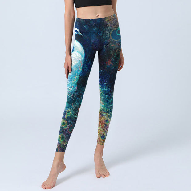 Buddha Stones Blue Peacock Colorful Feathers Print Gym Leggings Women's Yoga Pants