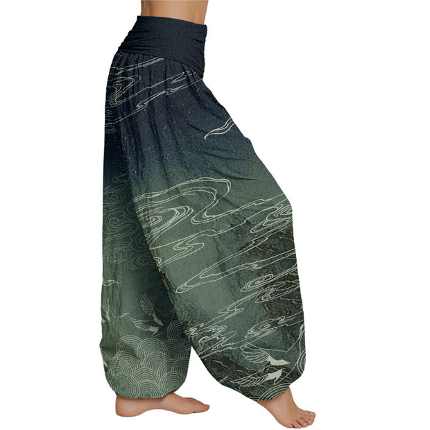 Buddha Stones White Auspicious Clouds Birds Tree Pattern Women's Elastic Waist Harem Pants