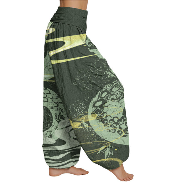 Buddha Stones Auspicious Clouds With Snake Pattern Women's Elastic Waist Harem Pants