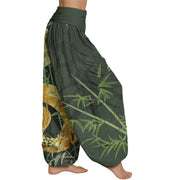 Buddha Stones Snake Surrounding Bamboo Pattern Women's Elastic Waist Harem Pants