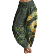 Buddha Stones Snake Surrounding Bamboo Pattern Women's Elastic Waist Harem Pants