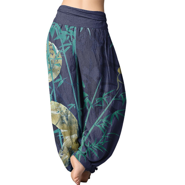 Buddha Stones Snake Surrounding Bamboo Pattern Women's Elastic Waist Harem Pants