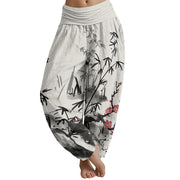 Buddha Stones Plum Blossoms Bamboo Orchids Chrysanthemums Pattern Women's Elastic Waist Harem Pants