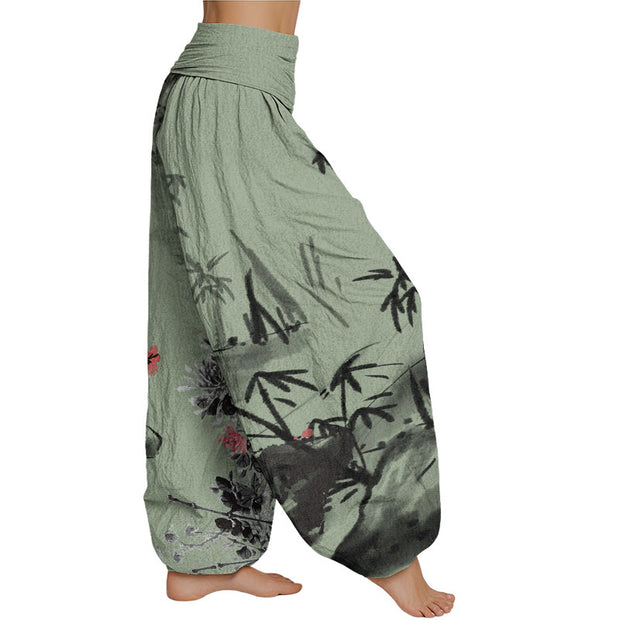 Buddha Stones Plum Blossoms Bamboo Orchids Chrysanthemums Pattern Women's Elastic Waist Harem Pants