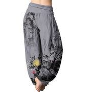 Buddha Stones Plum Blossoms Bamboo Orchids Chrysanthemums Pattern Women's Elastic Waist Harem Pants