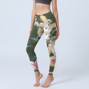 Buddha Stones Green Golden Snake Lily Peony Flowers Print Gym Leggings Women's Yoga Pants - DarkOliveGreen - US18，UK/AU22，EU50 (4XL) - image 1