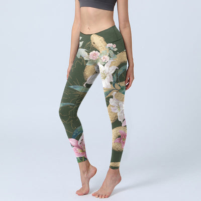 Buddha Stones Green Golden Snake Lily Peony Flowers Print Gym Leggings Women's Yoga Pants - DarkOliveGreen - US18，UK/AU22，EU50 (4XL) - image 1