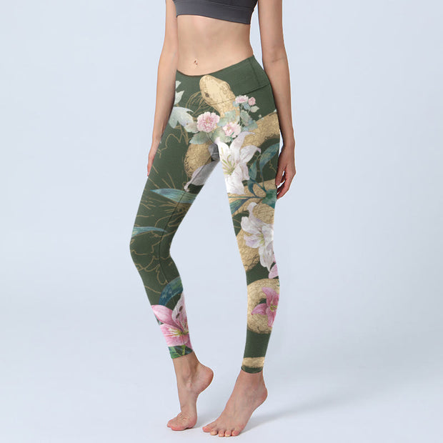 Buddha Stones Green Golden Snake Lily Peony Flowers Print Gym Leggings Women's Yoga Pants - DarkOliveGreen - US18，UK/AU22，EU50 (4XL) - image 1