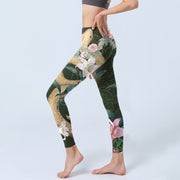 Buddha Stones Green Golden Snake Lily Peony Flowers Print Gym Leggings Women's Yoga Pants - image 3