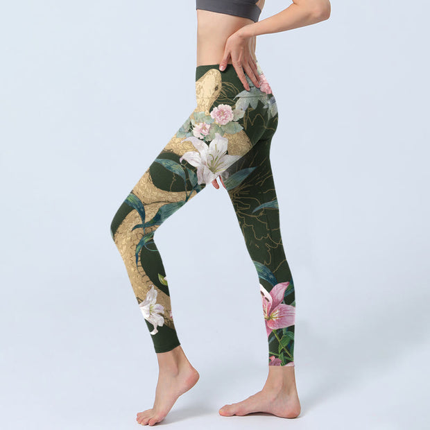 Buddha Stones Green Golden Snake Lily Peony Flowers Print Gym Leggings Women's Yoga Pants - image 3