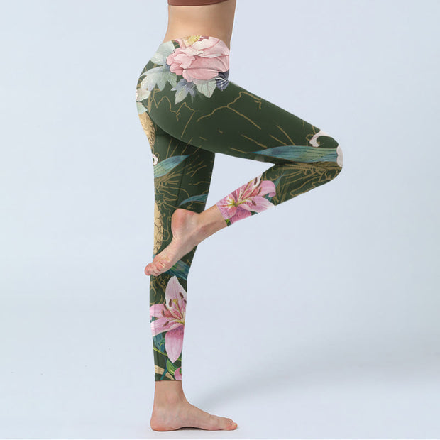 Buddha Stones Green Golden Snake Lily Peony Flowers Print Gym Leggings Women's Yoga Pants - image 4