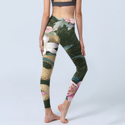 Buddha Stones Green Golden Snake Lily Peony Flowers Print Gym Leggings Women's Yoga Pants - image 5