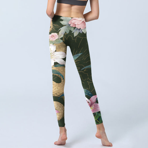 Buddha Stones Green Golden Snake Lily Peony Flowers Print Gym Leggings Women's Yoga Pants - image 7