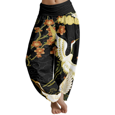 Buddha Stones Cranes Flowers Auspicious Clouds pattern Women's Elastic Waist Harem Pants