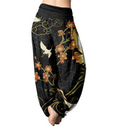 Buddha Stones Cranes Flowers Auspicious Clouds pattern Women's Elastic Waist Harem Pants