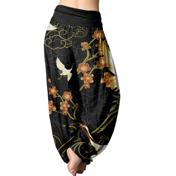 Buddha Stones Cranes Flowers Auspicious Clouds pattern Women's Elastic Waist Harem Pants