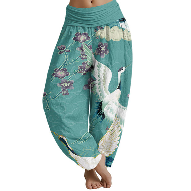 Buddha Stones Cranes Flowers Auspicious Clouds pattern Women's Elastic Waist Harem Pants