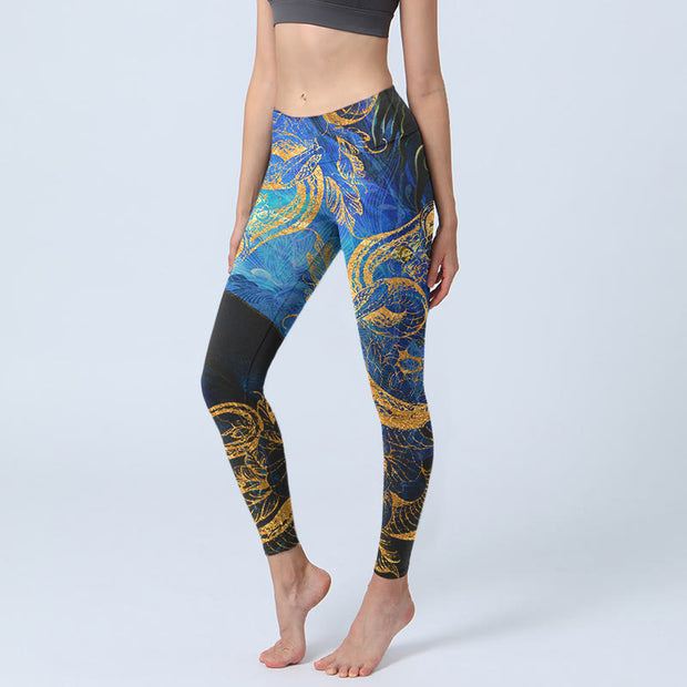 Buddha Stones Black Snake Butterfly Flower Leaves Print Gym Leggings Women's Yoga Pants - Black - US18，UK/AU22，EU50 (4XL) - image 1
