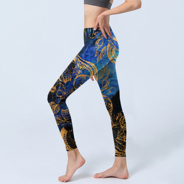 Buddha Stones Black Snake Butterfly Flower Leaves Print Gym Leggings Women's Yoga Pants