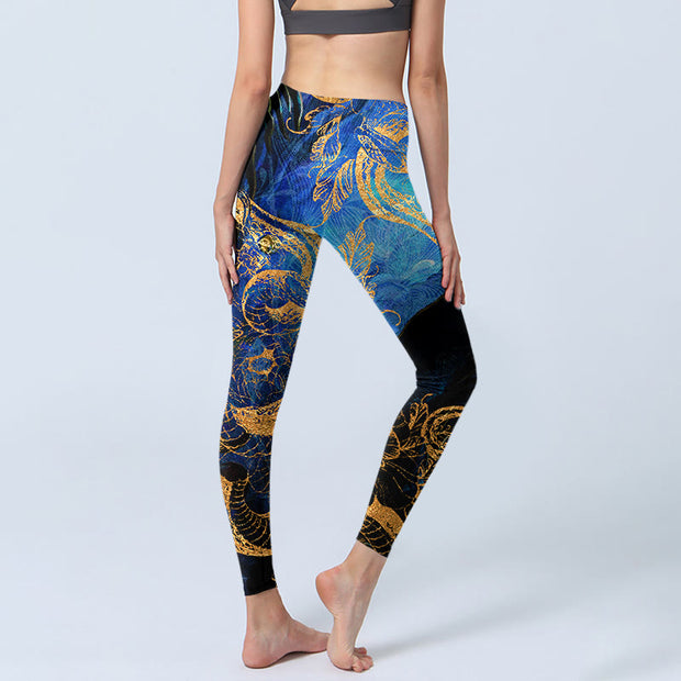 Buddha Stones Black Snake Butterfly Flower Leaves Print Gym Leggings Women's Yoga Pants