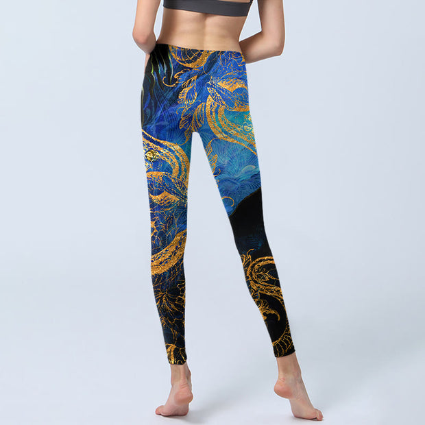 Buddha Stones Black Snake Butterfly Flower Leaves Print Gym Leggings Women's Yoga Pants - image 7