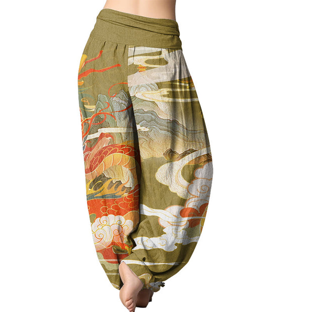 Buddha Stones Dragons Auspicious Clouds pattern Women's Elastic Waist Harem Pants