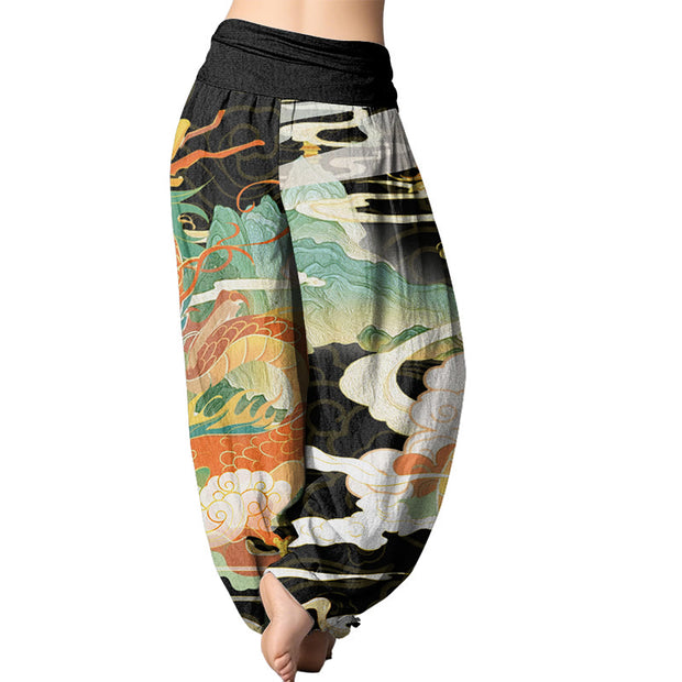 Buddha Stones Dragons Auspicious Clouds pattern Women's Elastic Waist Harem Pants