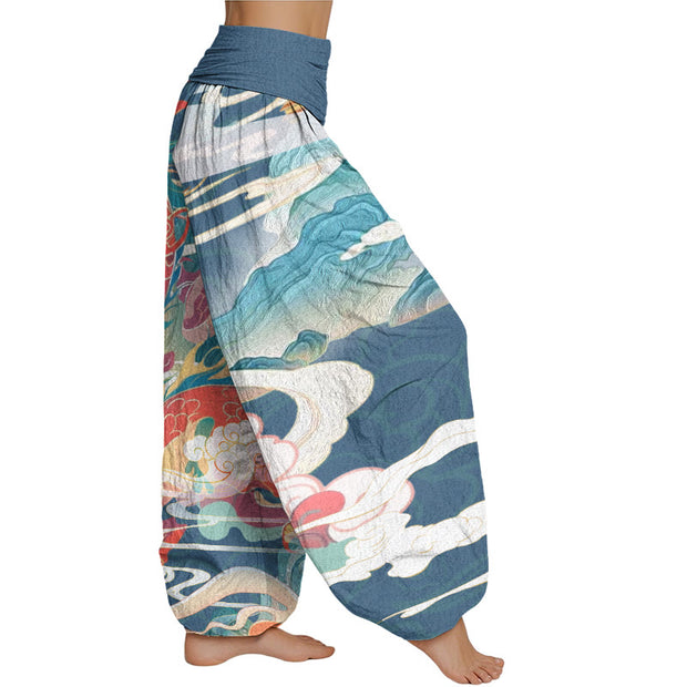 Buddha Stones Dragons Auspicious Clouds pattern Women's Elastic Waist Harem Pants