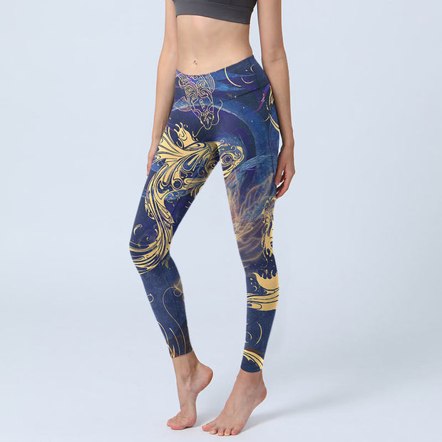 Buddha Stones Blue Koi Fish Auspicious Clouds Print Gym Leggings Women's Yoga Pants