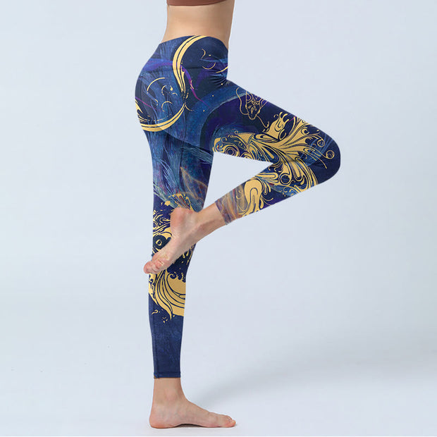 Buddha Stones Blue Koi Fish Auspicious Clouds Print Gym Leggings Women's Yoga Pants - image 4