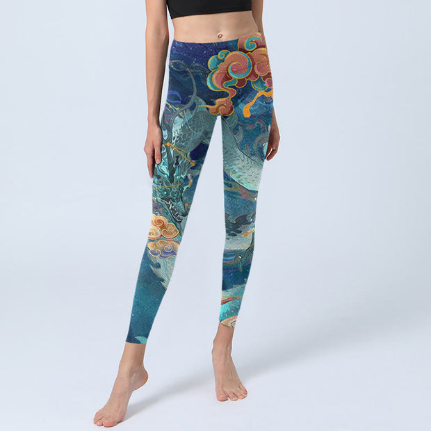 Buddha Stones Blue Dragon Auspicious Clouds Print Gym Leggings Women's Yoga Pants