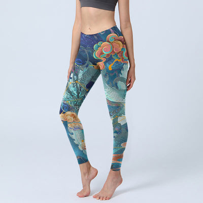 Buddha Stones Blue Dragon Auspicious Clouds Print Gym Leggings Women's Yoga Pants - SteelBlue - US18，UK/AU22，EU50 (4XL) - image 1