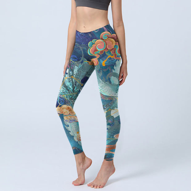 Buddha Stones Blue Dragon Auspicious Clouds Print Gym Leggings Women's Yoga Pants - SteelBlue - US18，UK/AU22，EU50 (4XL) - image 1