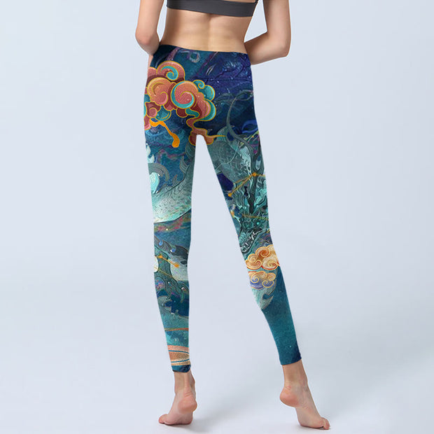 Buddha Stones Blue Dragon Auspicious Clouds Print Gym Leggings Women's Yoga Pants - image 7